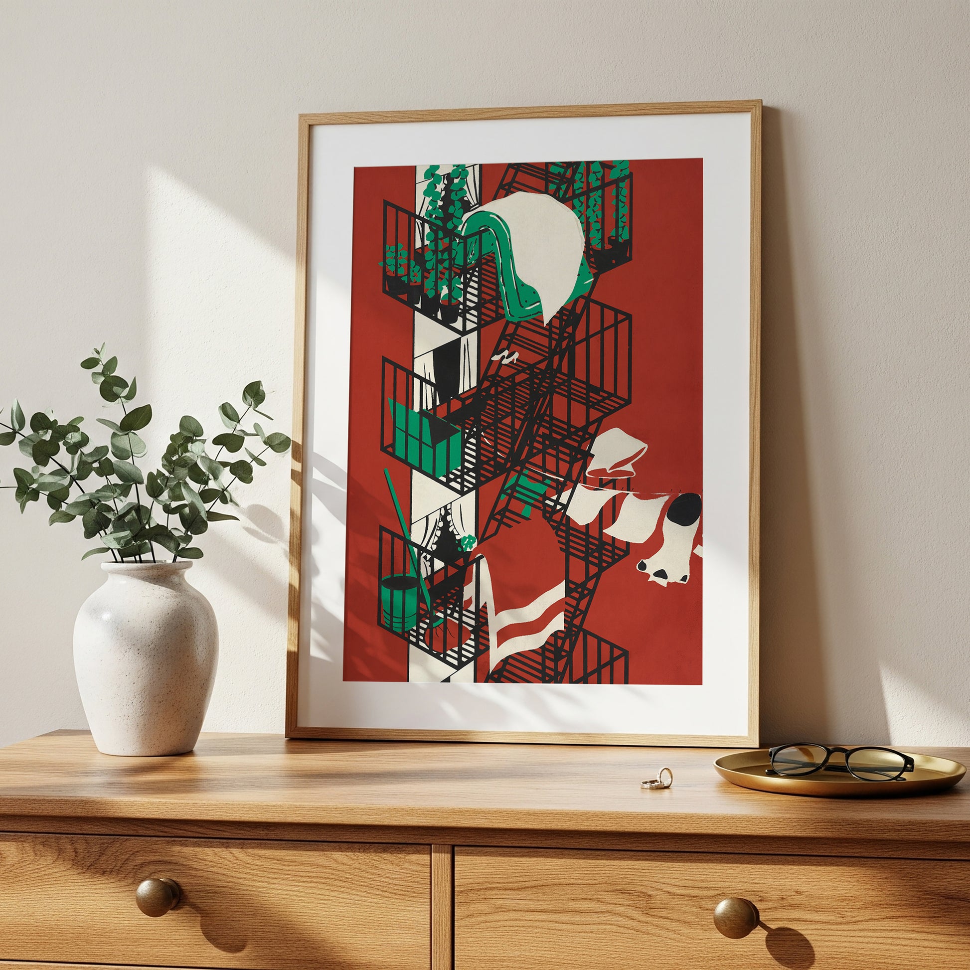 Vintage Red Abstract Wall Art, Mid Century Modern Scandinavian Poster (Digital Download)