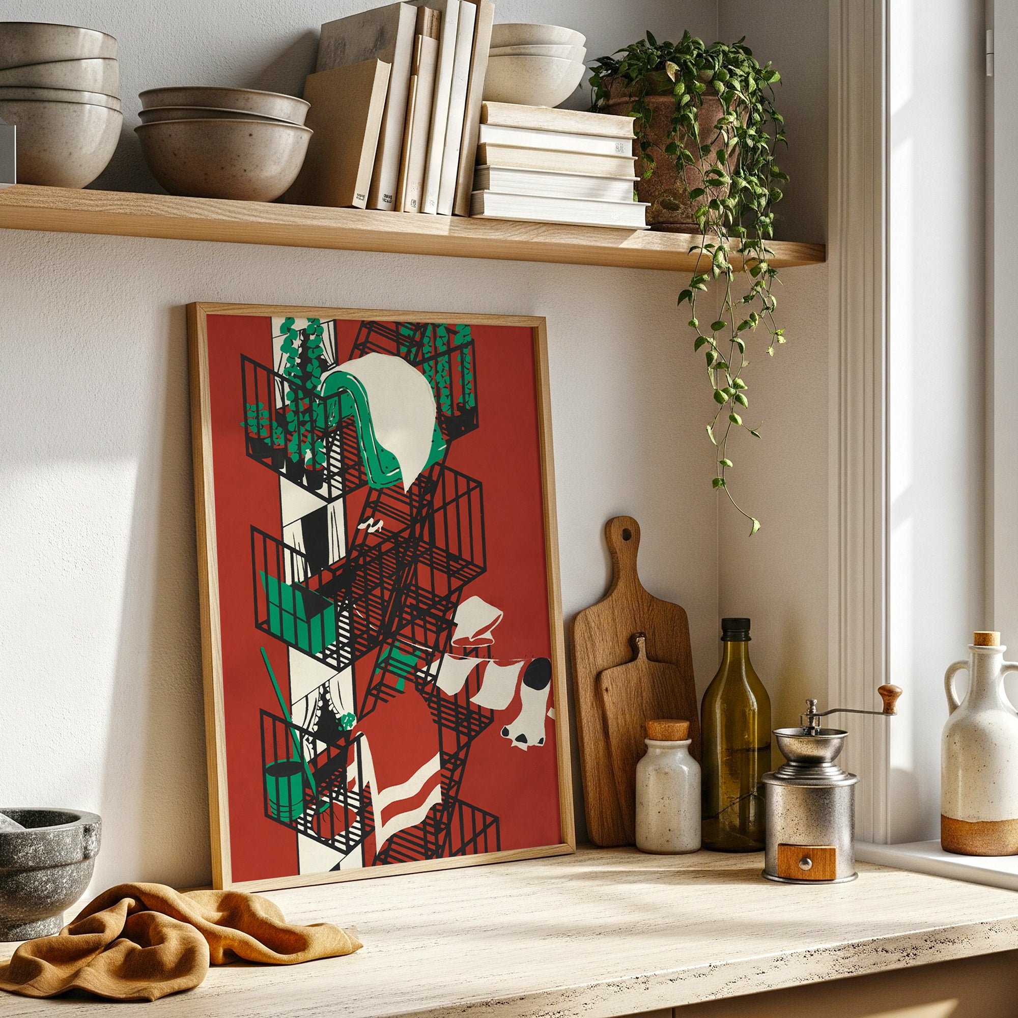 Vintage Red Abstract Wall Art, Mid Century Modern Scandinavian Poster (Digital Download)
