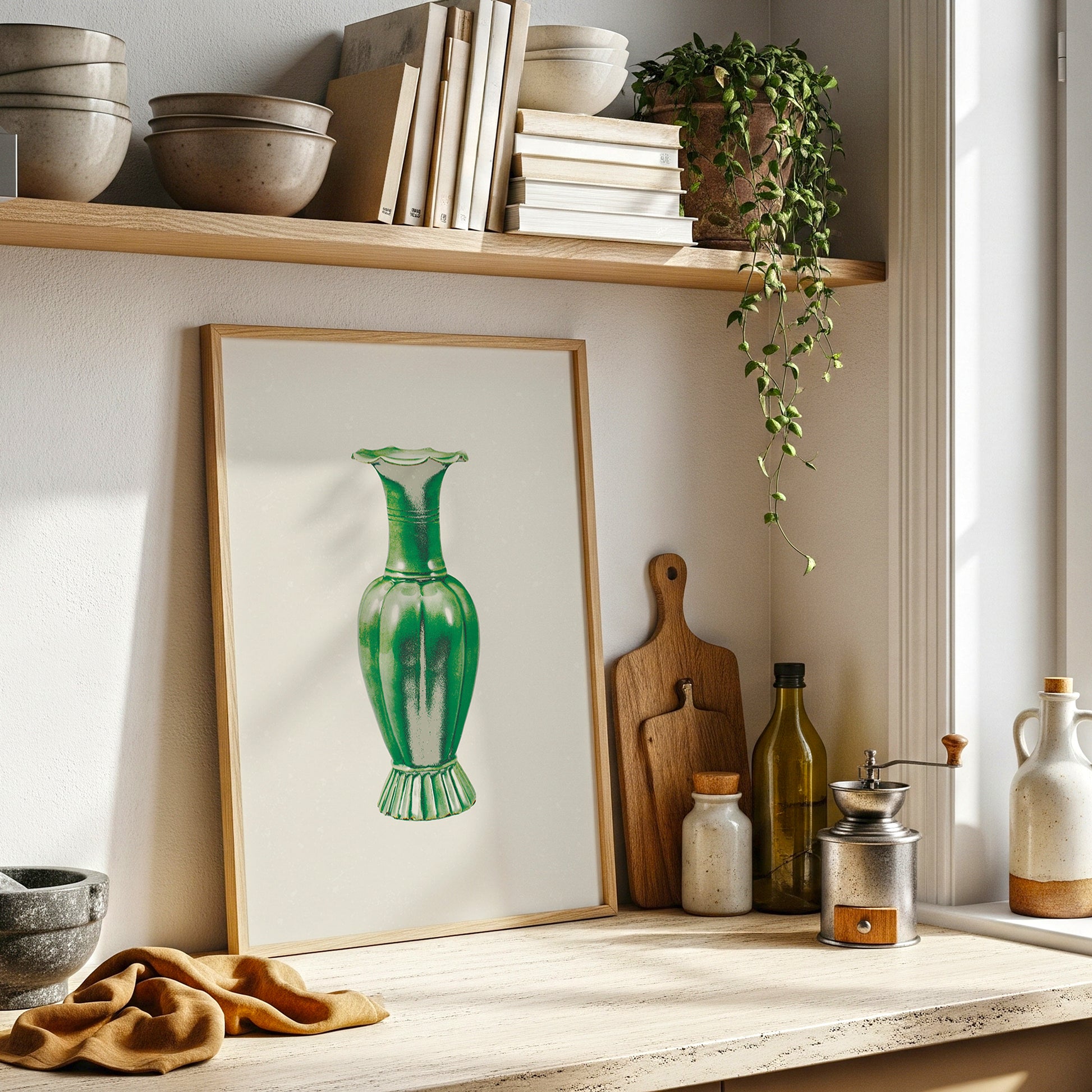 Still Form Vase Print, Neutral Contemporary Poster- Green (Digital Download)