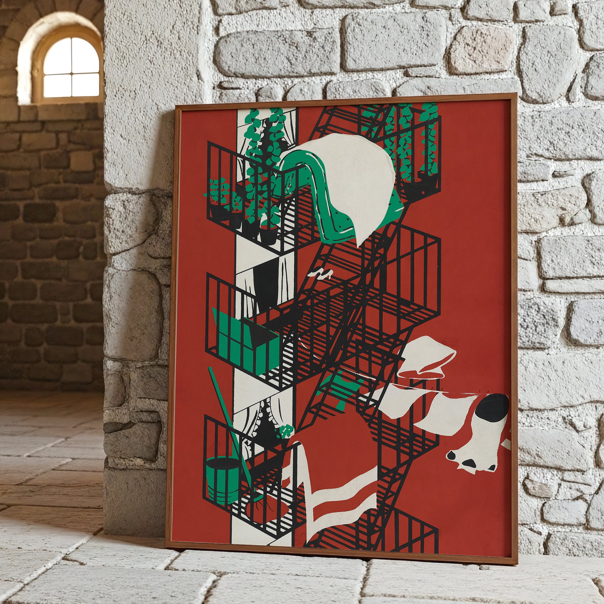 Vintage Red Abstract Wall Art, Mid Century Modern Scandinavian Poster (Digital Download)