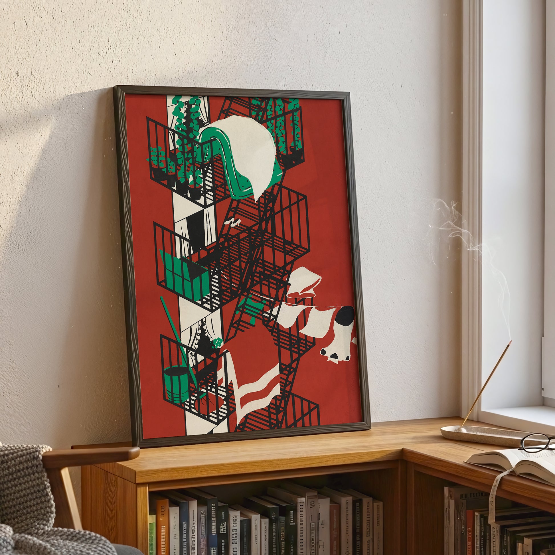 Vintage Red Abstract Wall Art, Mid Century Modern Scandinavian Poster (Digital Download)